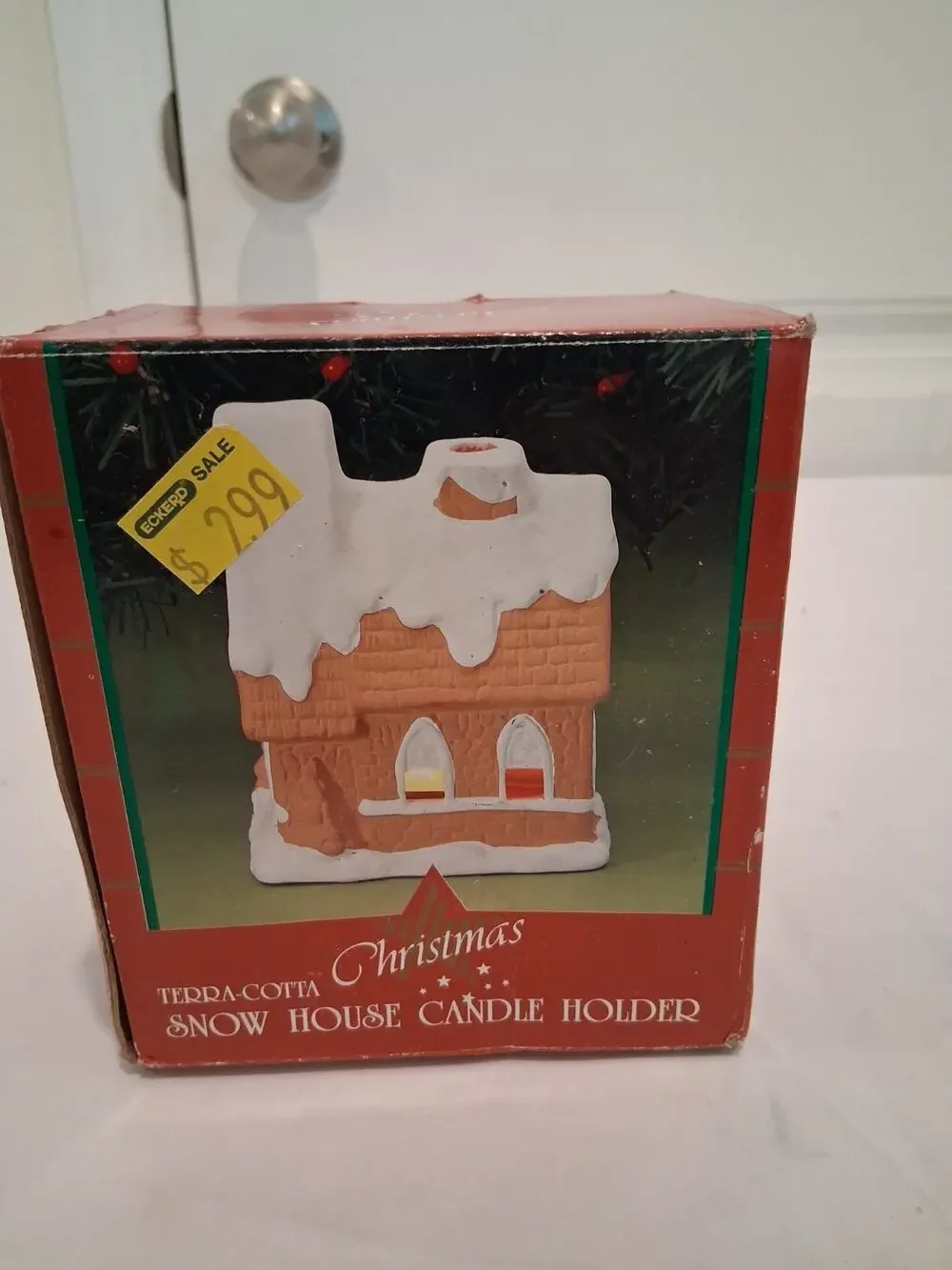 Vintage 1980s 1990s Terracotta Christmas Snow House Votive Candle Holder Box